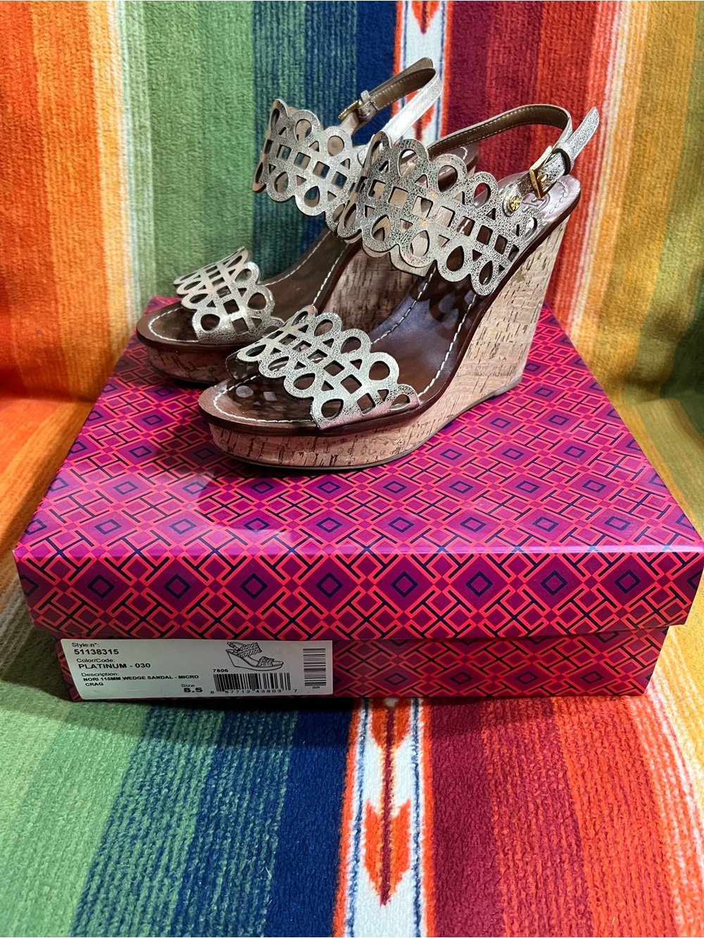 Tory Burch Platinum Laser-Cut Cork Wedge Sandals